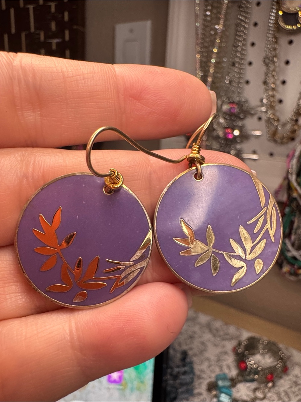 Vintage Laurel Burch Purple Cloisonné Gold Leaf Round Drop Earrings